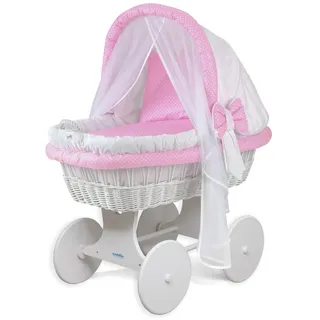WALDIN Baby Stubenwagen-Set mit Ausstattung, XXL, Bollerwagen, komplett, 24 Modelle wählbar, Gestell/Räder weiß lackiert, Stoffe rosa/Punkte