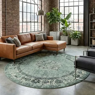 FRAAI | Home & Living Vintage Teppich Rund - Wonder Grün Schwarz - Ø 100 cm - Polypropylen - Kurzflor - Vintage - Orientalisch - Wohnzimmer, Esszimmer, Schlafzimmer
