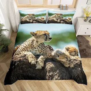 GIENDI Bettwäsche 135x200 3teilig Bettbezug - Leopard Bettwäsche Sets/Kinderbettwäsche mit Reißverschluss, Wildtier Gepard Mikrofaser Bettbezug 135x200cm + 2 Kissenbezug 80x80cm