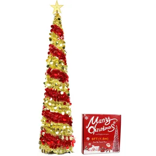 180 cm Pop-Up Lametta Weihnachtsbaum, Zusammenklappbarer Künstlicher Schlanken Weihnachtsbaum, 6ft Faltbarer Christbaum Weihnachtsbäume für Zuhause Wohnung Büro Festdekoration