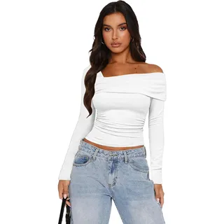 Damen One Off Shoulder Langarm Top Elegant Sexy Slim Fit Ruched Going Out Tops Party Basic Cropped Tee Teenage Mädchen Streetwear Asymmetrischer Ausschnitt BL