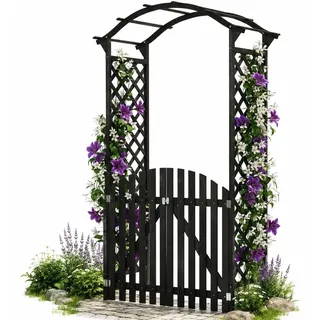 Mucola Rosenbogen mit Tor Pergola Rankhilfe Torbogen Spalier Holz Rankgitter Rankgestell Pergola Rosensäule Gartenbogen - Schwarz - Schwarz