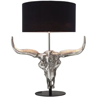Imposante Tischlampe EL TORO 68cm silber Stierkopf Tischleuchte E27 Tierschädel Schädel Stoffschirm schwarz
