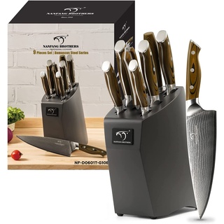 Damaskus Küchenmesser Set Holzmessergriff Chef Damastmesser Set, Japanische Profiküche Scharfes Messerset Damaskus mit Buchenmesserblock, 67 Lagen VG10 Damaststahl (Grau)