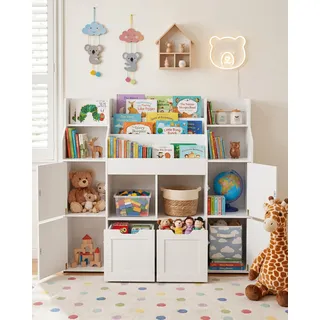 Amveya Kinder Bücherregal mit 2 Boxen Weiß Schmal Montessori Spielzeugregal für Kinderzimmer Aufbewahrung Kleiderschrank mit 8 Rollen sicherer Raumtrenner