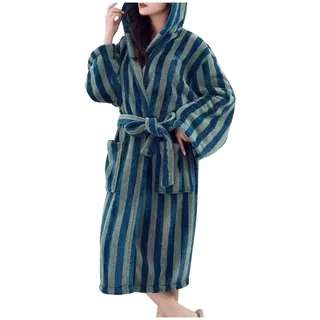 Gestreifter Damen-Bademantel, warm und gemütlich, Frottee-Morgenmantel, weich, bequem, mit Taschen, flauschiges Fleece, warmer Bademantel für Herbst und Winter, Schwarz, blau, Einheitsgröße - Einheitsgröße