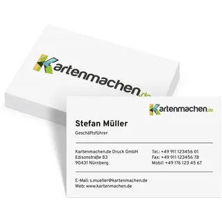 Personalisierte Logo Visitenkarten von 100 bis 2.500 Stück individuell selbst gestalten mit zwei eigenen Bildern und Text, dickes 300g/qm Papier, 85x55mm, beidseitiger klarer intensiver Druck