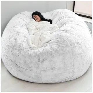 SJKJNK Sitzsack-Sofa, Fell-Sitzsack für Wohnzimmermöbel für Erwachsene, großer, runder, weicher, Flauschiger Sitzsack aus Kunstfell, Lazy-Schlafsofa, Lazy-Sofa-Stühle, 180 cm × 86 cm, weiß