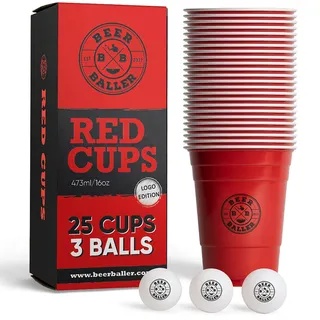 BeerBaller® Cups - 25 Beer Pong Becher & 3 Bier Pong Bälle | spülmaschinenfest & wiederverwendbar | 473ml - 16oz Partybecher | Bierpong Becher Set | Original American Beerpongbecher (Rot)