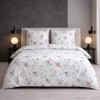 Traumschlaf Feinflanell Bettwäsche Vintage Rose 160x210 cm + 65x100 cm - weiß;rot