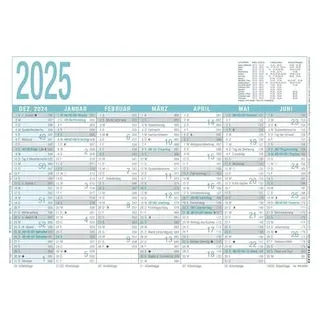 Arbeitstagekalender grau/türkis 2025 - A4 (29,7 x 21 cm) - 7 Monate auf 1 Seite - Tafelkalender - Plakatkalender - Jahresplaner - 909-0000