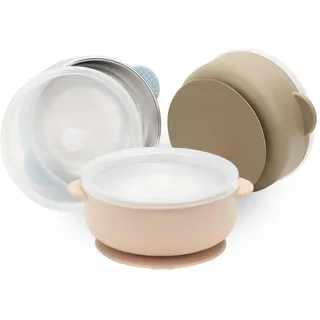 MOJINL 3 Stück Edelstahl Baby Schüssel mit Saugnapf und Deckel, Edelstahl Baby Breischale für Babys Kinder Kleinkinder, Rutschfest Kinderschüssel für Brei und Snacks, BPA-Frei, Spülmaschinenfest