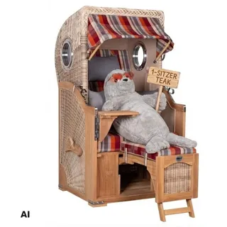 MR.DEKO Strandkorb 1-Sitzer Single Teak Shell Volllieger mit Bullaugen, BxTxH: 96x80x165 cm, Vollieger, Düne Single, (Fertig montierter Strandkorb für Garten, Terrasse & Balkon, 1-tlg), Wetterfester Volllieger mit Edelstahlbeschlägen & waschbaren Polstern rot