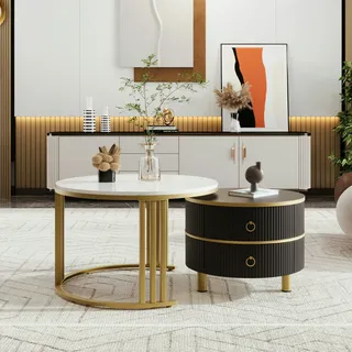Merax 2-in-1 runder Couchtisch, weißer Marmorplatte, Wohnzimmer-Couchtischkombination mit 2 Schubladen, φ70*46 + φ50*40 cm, Schwarz