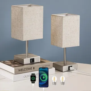 EDISHINE 2er Set Nachttischlampe Touch Dimmbar, Tischlampe mit Ladefunktion,2 USB Anschlüsse - Beige