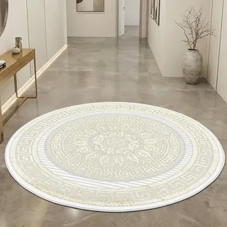 CARPETIA Teppich Rund Orientmuster Creme Gold mit Glanzeffekt Ø 160 cm | Pflegeleicht, strapazierfähig und schmutzabweisend, OEKO-TEX geprüft, für Fußbodenheizung, mit Glanzeffekt