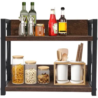 TkkMivcOC 2 Etagen Küchenregal Arbeitsplatte, Gewürzregal, Kleines Regal, Regal Klein Küche, Badzimmer Schreibtischregal, Metall Organizer für Bürobedarf, Küchenbedarf, Kosmetika, Braun