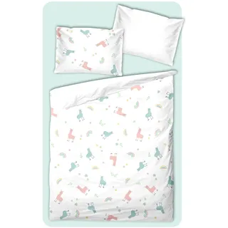 Soma Perkal Baby Wende Bettwäsche 100x135 cm Alpaka Lama Regenbogen weiß bunt Set inklusive passendem Jersey Spannbetttuch 70/140 cm
