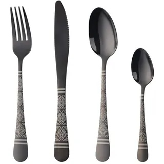 16-teiliges Besteck-Set, dekoratives Muster, klassisches Edelstahlbesteck, Besteck-Set mit Messer, Löffel, Gabel, hochglanzpoliert und spülmaschinenfest, für Zuhause/Reisen/Schule... (schwarz)
