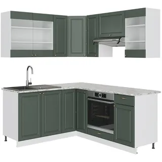 Vicco Winkelküche L-Form 160 x 190 cm Grün-Gold Landhaus/Weiß