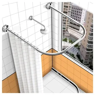 PPGE Home Duschvorhangstangen Ecke Teleskop Winkelstange, Ohne Bohren Gebogene Bad-Vorhangstange, U Form Edelstahl Teleskopstange, Duschstange mit Badvorhang 110 cm