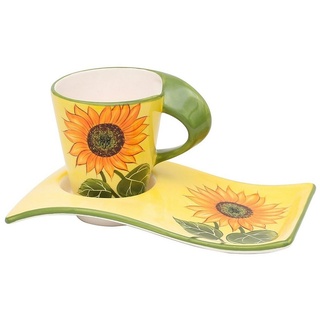 Neuetischkultur Tasse Kaffeetasse mit Unterteller, modern Sonnenblume, Keramik bunt