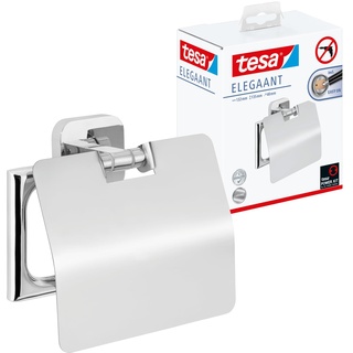tesa ELEGAANT Toilettenpapierhalter mit Deckel, verchromt - zur Wandbefestigung ohne Bohren, inkl. Klebelösung - 132mm x 135mm x 48mm