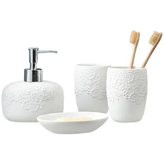 Tauzveok Badezimmer Set, Seifenspender Sets Weiss, mit Zahnbürstenhalter, Seifenspender, Seifenschale, zahnputzbecher, für Wohnung, Hotel, Keramik