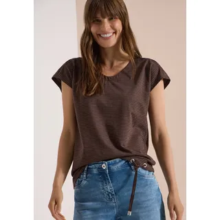 Cecil V-Shirt CECIL, Damen, Gr. M (40), braun (braun cacao), Web, 80% Baumwolle, 20% Polyester, gestreift, comfort fit normal, V-Ausschnitt, normaler Saum, Shirts, mit Cut-Out Detail