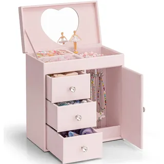 VLANDO Schmuckkästchen Mädchen,Große Schmuckkasten Kinder mit Ballerina | 4 lagiges Spielzeug Geschenk Mädchen mit DIY Aufkleber, Schmuckaufbewahrung mädchen mit Spieluhr, Hellrosa