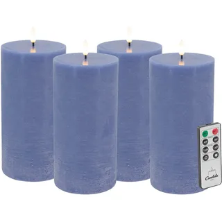 Candela Lights LED Kerzen 4er Set H:20xØ10cm blau rustic Stumpenkerze Echtwachs mit Fernbedienung & Timerfunktion Flammenlose flackernde LED-Kerze mehrstufig dimmbar