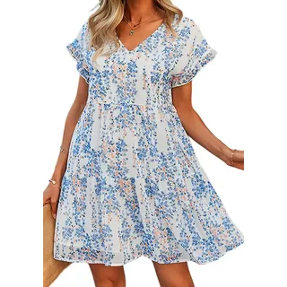 Lovolotti Sommerkleid Kleid Damen LO-KLDE-L01 Kleider Blumenkleid Dress Blusekleid Freizeitkleid Strandkleid weiß L/XL