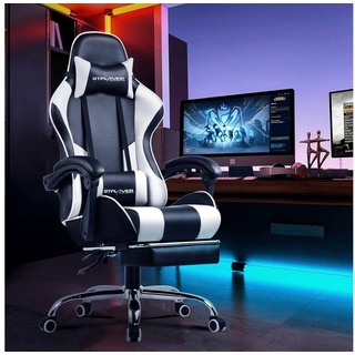 GTPLAYER Gaming-Stuhl mit Fußstütze und Massage-Lendenkissen Bürostuhl Zocker Stuhl, mit Verbindungsarmlehnen bis 120kg belastbar, Hohe Rückenlehne weiß