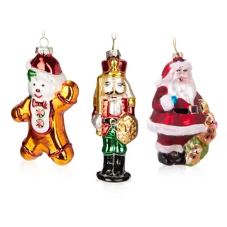 BRUBAKER 3-teiliges Baumkugel Set Weihnachten - Weihnachtsdeko Handbemalte Weihnachtskugeln Nussknacker Lebkuchenmann Weihnachtsmann - Christbaumschmuck aus Glas - Baumschmuck Lustig
