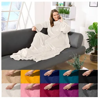 heimtexland ® Ärmeldecke TV Kuscheldecke mit Ärmeln Taschen Fußsack Super Soft Flanell tragbare Decke Ganzkörperdecke Typ870 Creme 180x150 cm
