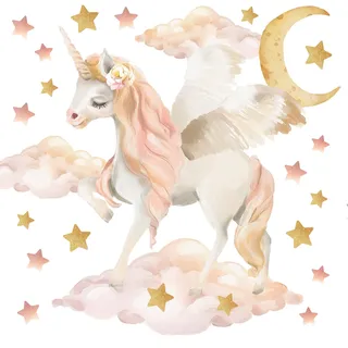 Wally Fox - Wandsticker Kinderzimmer - Wandtattoo Babyzimmer - Ungiftig, sicher - Set Pegasus, Einhorn, Wolken, Sterne, Mond L - rosa, Creme, weiß, gelb - 52,5x92,5cm