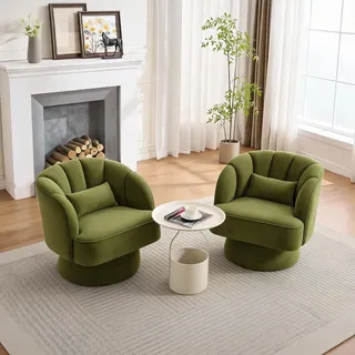 IDEALHOUSE 2er Drehbarer Barrel Sessel – Moderner Loungesessel Grün | 2 Swivel Barrel Armchairs mit gestreifter Rückenlehne & gepolsterten Armlehnen, 360°, ideal für Wohnzimmer, Schlafzimmer