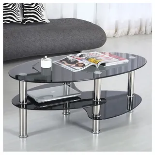 JEOBEST Couchtisch Couchtischen Beistelltisch für Wohnzimmer, Glastisch, Transparent, 2 Ebenen, oval, Modern Design, Rahmen aus Edelstahl schwarz