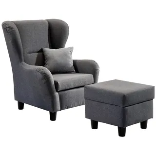 luma-home schönes für dein zuhause Ohrensessel 18001 Strukturstoff 90 x 98 x 76 cm Grau mit Hocker und Zierkissen