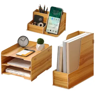 Schreibtisch-Organizer-Set aus Holz – 3-stufiger Brief-Organizer | A4-Dokumentenhalter/Stifthalter, Schreibtisch-Organizer und Bürobehälter