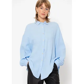 SASSYCLASSY Longbluse Oversize Musselin Bluse Damen kurz Langarm Elegant Hemdbluse lang aus Baumwolle mit V-Ausschnitt, One Size (Gr. 36-48) blau|weiß