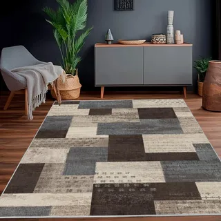 Calinline Großer Kariert Wohnzimmer Teppich Waschbar, Blau-Taupe 160x230 cm | Kurzflor Gegend Teppich Wohnzimmer, Rutschfester Teppiche Schlafzimmer, Modern Muster Geometrisch Indoor Patchwork Carpet