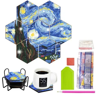 MEDOYOH 7 Stück Diamond Painting Untersetzer mit Halter, Diamant Kunst Untersetzer DIY Diamond Painting Sechseckige Tasse Matte für Erwachsene Kinder Basteln Liebhaber, Sternenhimmel Untersetzer