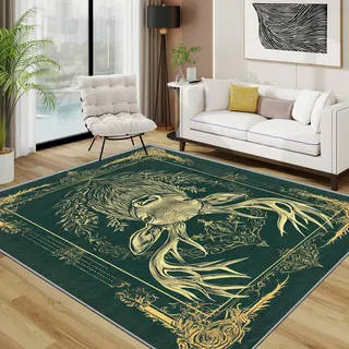 TerroVee Hirschmotiv Teppich Schlafzimmer, Vintage Barock Geweih Teppich 120x170 cm, Klassisch Luxus Waschbar Kurzflor Antirutsch Teppiche Für Wohnzimmer Schlafzimmer, Dunkelgrün