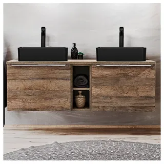 Lomadox Doppelwaschtisch-Unterschrank 140cm mit 2 Keramikbecken PUEBLA-56 in Vintage Oak, b/h/t ca.: 140,4/61,5/46 cm