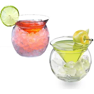 MISNODE Martinigläser ohne Stiel mit Kühler, 2er-Set, 150 ml, Kristallglas, Martini-Gläser, elegantes Cocktailglas-Set mit Servierschale für Cocktail