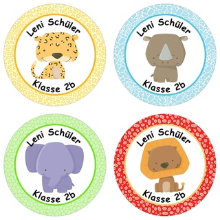 24 individuelle Aufkleber für Kinder - Motiv Wilde Tiere - personalisierte Sticker - ideal zur Einschulung und zum Beschriften von Büchern und Heften