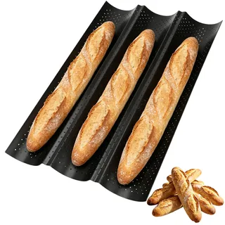 FDKene Baguette Backform mit Antihaftbeschichtung, Baguetteblech für 3 Baguettes, Brot Backen Zubehör, Gelochte Brotbackform aus Karbonstahl, Backblech für Knusprige Baguettes, 38x25cm, Schwarz