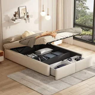 CDGlobal Polsterbett 140x200cm mit 2 Schubladen, Hydraulisches Boxspringbett mit Lattenrost, Stauraumbett Doppelbett Holzbett ohne Kopfteil, Beige - Beige