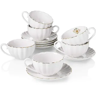 Amazingware Royal Teetassen und Untertassen, mit goldfarbenem Rand und Geschenkbox, britische Kaffeetassen, Porzellan-Teeservice, 227 ml, 6 Stück weiß, 602024622987